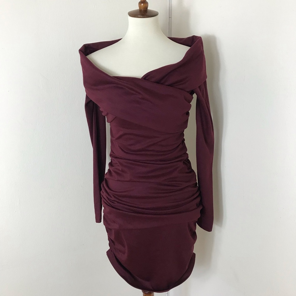 DVF off shoulder virgin wool blend ruched dress - Picture 4 of 8